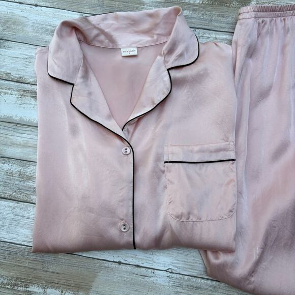 SilkSilky Pajama Set Sz Sm 2 Piece Button Up Pants Pastel Pink 200% Silk Luxury - Picture 2 of 16